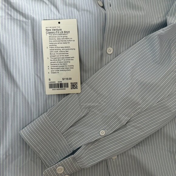 Lululemon New Venture Classic Fit LS Shirt ISWB Blue/White Thin Stripe - Picture 8 of 9